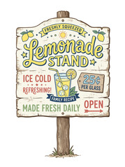 Obraz premium Rustic Vector Illustration of a Vintage Roadside Lemonade Stand Signboard with Hand-Drawn Text for Freshly Squeezed Summer Refreshment