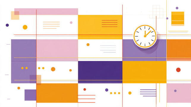Abstract minimalist calendar and project management concept featuring a clock icon, colorful task blocks, and geometric grid lines for time tracking, scheduling, productivity, and planning design.
