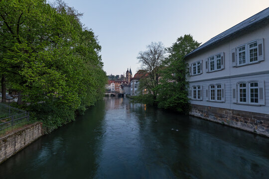 Margarete Mueller Bull Steg bridge over Rossneckar canal with view towards the historic old town. Esslingen am Neckar, Baden-Wuerttemberg, Germany.