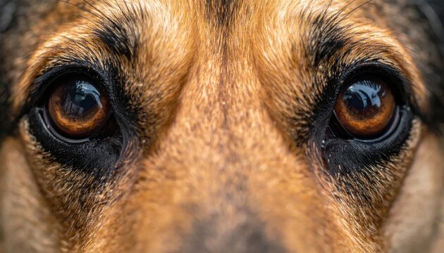 Close-up of a Dogs Intense Brown Eyes and Fur Texture.