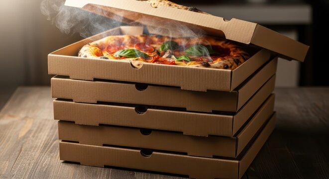 Steaming fresh pepperoni pizza sits in an open cardboard box atop a stack of identical containers on a rustic wooden table.