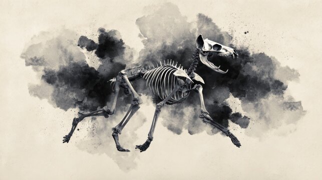 Artistic depiction of animal skeleton against a smokey background