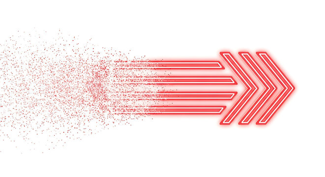 Red arrow moving forward with disintegration effect, speed motion concept, pixel art style particles dissolving, fast progress and evolution graphic sign isolated on white background for modern design