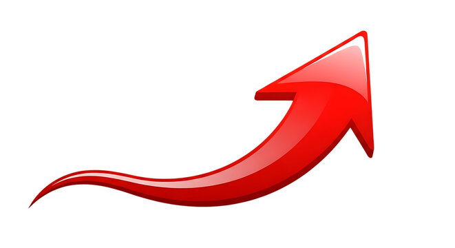 Bright red upward arrow pointing with dynamic curved tail isolated on transparent background