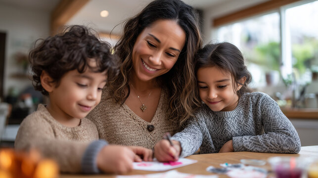 Hispanic mother and two children decorating homemade Mother's Day cards at kitchen table, soft morning window light, heartfelt and joyfully intimate