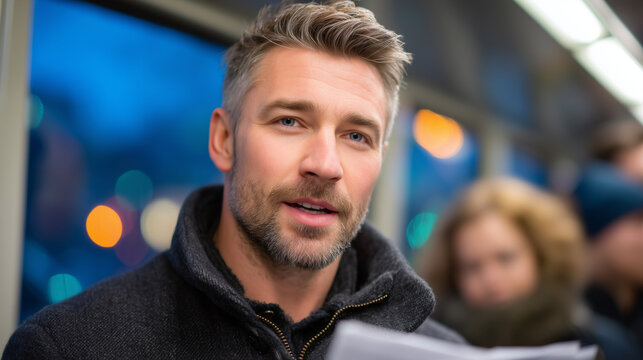 Nervous man rehearsing a handwritten proposal speech alone in a crowded subway car at twilight blue hour, lips moving silently, ring box visible in jacket pocket, commuters blurred