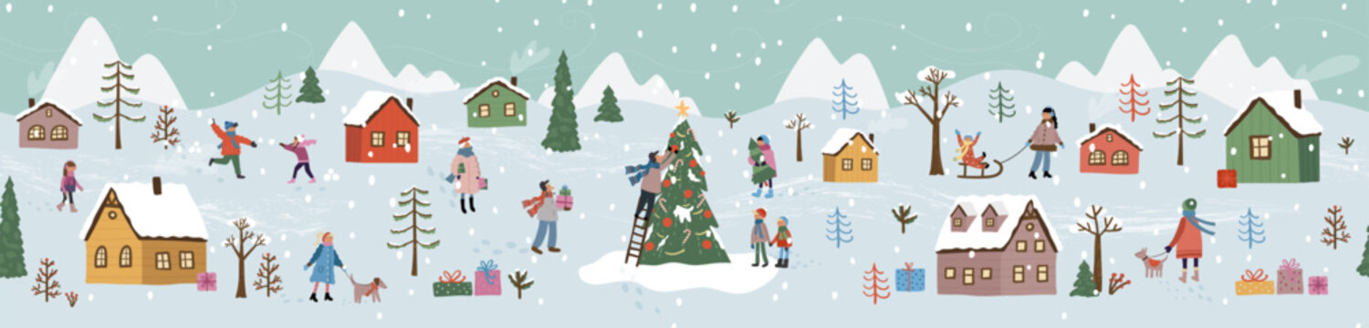 Cute hand drawn seamless Winter landscape with happy people playing, decorating a christmas tree walking, Vector horizontal banner winter wonderland