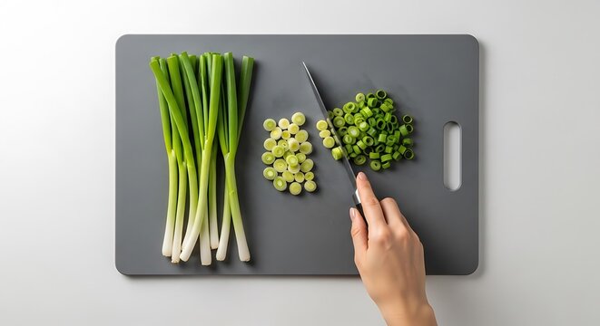 Chopping green onions on cutting board.