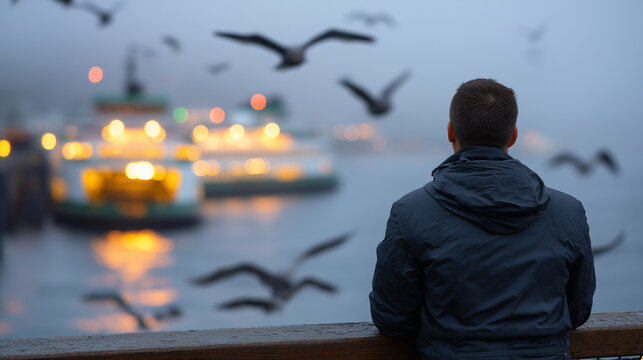 Man standing alone at a harbor railing at early morning mist, folded divorce papers tucked under one arm, seagulls overhead, ferry lights blurring across gray water, expression unr