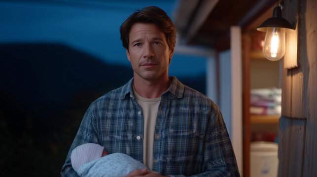Husband standing in a doorway watching his wife rock a newborn at 4am blue hour light, expression holding both awe and helplessness, a mountain of unfolded laundry visible behind h