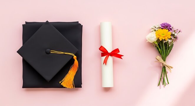 Graduation cap diploma and flowers.