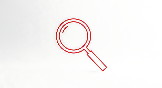 Minimalist red magnifying glass icon isolated on a plain white background representing search functionality, investigation, discovery, analysis, and looking for specific details in a business context