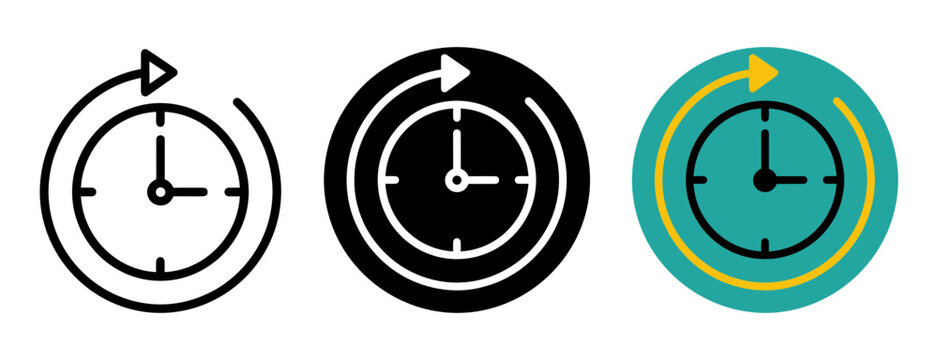 Time management icon set with clock and circular arrow in outline, solid and color styles, white background