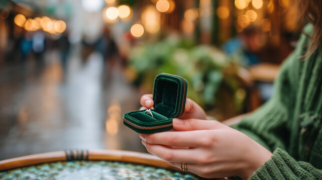 Close up hands of a nervous person holding a small velvet ring box outside a restaurant entrance, thumbs working the hinge open and closed, pavement glistening from recent rain, bl