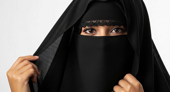 Close-up of a woman's mysterious brown eyes wearing a black niqab A woman wearing a niqab adjusts her veil with both hands indoors.