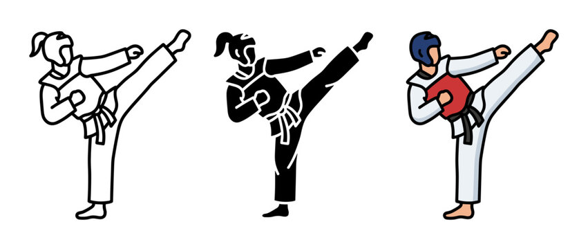 Taekwondo fighter character icon set with high kick pose in outline, solid and color styles, white background