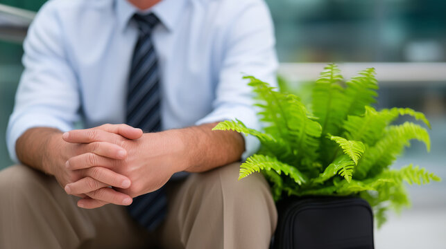 Man in his fifties sitting with a therapist in a bright spring office, potted fern beside him, hands clasped between his knees, recently framed divorce decree just visible in his b