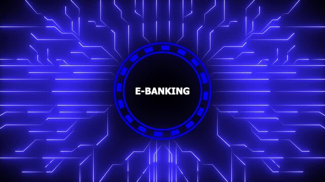 Futuristic e banking interface with glowing circuit board and blue digital background,4k animation motion graphics video.