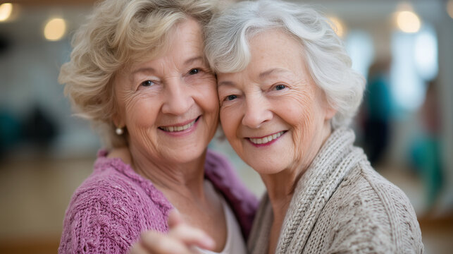 Two women in their late sixties at a dance class, one leading the other in a hesitant waltz, instructor watching warmly from doorway, spring afternoon light flooding a mirrored stu