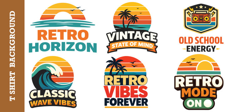 Vintage sunset horizon and tropical palm tree t shirt badges with retro wave typography.