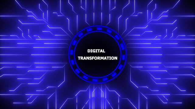 Digital transformation abstract concept with glowing circuit board background and text,4k animation motion graphics video.
