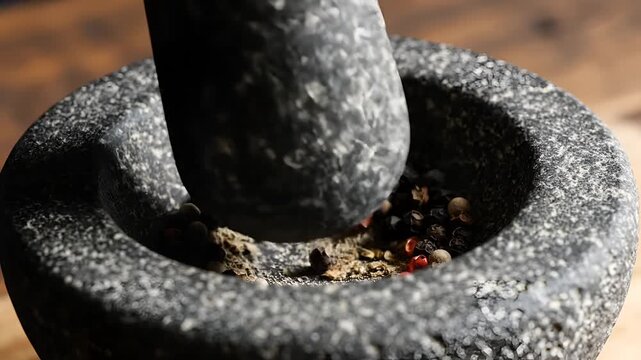 Grinding peppercorns in a stone mortar and pestle for fresh spice 2.