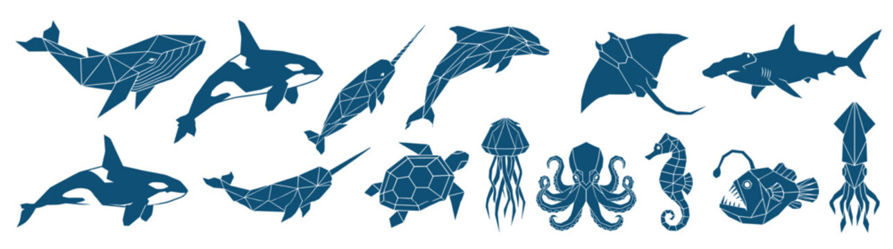 Flat Vector Silhouette Icon Set : A Collection of Blue Marine Animals and Sea Life Creatures like Whale Dolphin Shark Octopus Turtle and Narwhal Isolated on White