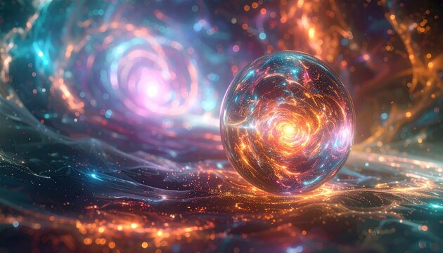 A luminous spherical object representing a quantum superposition state floating in a vibrant cosmic vortex of light and swirling energy, capturing the essence of theoretical particle physics.