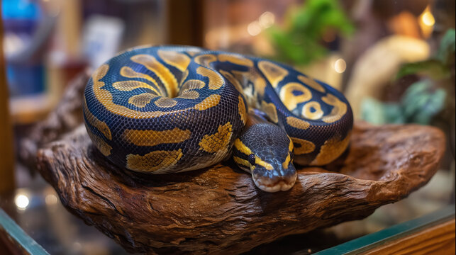 Ball python coiled loosely around a polished driftwood perch inside a glass terrarium, ambient warm light catching its iridescent scales, fresh water dish visible in corner, perfec