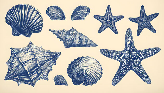 Seashell and starfish vintage engraved set, hand drawn marine collection, antique ocean clipart, monochrome ink illustrations