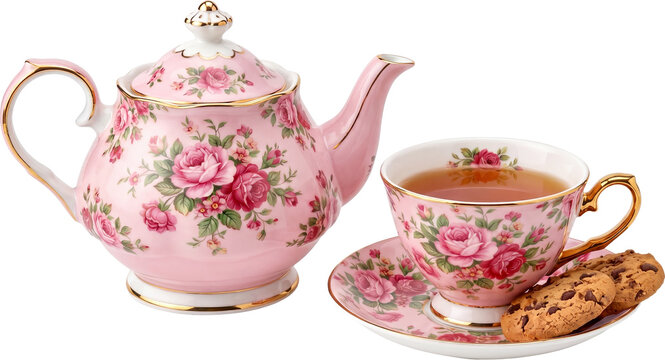 Floral porcelain teapot and teacup with cookies isolated on transparent background, vintage tea set PNG cutout
