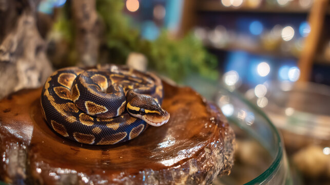 Ball python coiled loosely around a polished driftwood perch inside a glass terrarium, ambient warm light catching its iridescent scales, fresh water dish visible in corner, perfec
