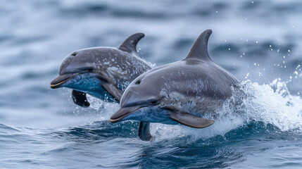 Obraz premium Mother dolphin and calf surfacing together in synchronized motion in open blue water, droplets suspended mid-air, soft overcast light giving flat even tones across the scene, perfe