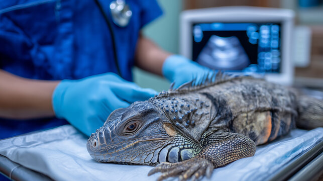 Veterinarian performing an ultrasound examination on a sedated iguana laid flat on a sterile white examination pad, monitor showing internal imagery, gloved hands steady and focuse