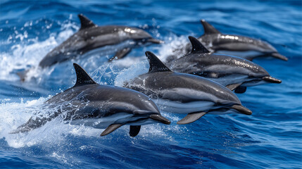 Fototapeta premium Spinner dolphin pod leaping in synchrony above the surface of a deep blue open ocean at midday, light catching the white belly of each animal mid-spin, small waves below them, perf