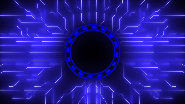 Circuit Board with Square Chip Glowing Light Electronic Hardware Microchip Design Computer Technology. Digital Data moving on Circuit Board and CPU . Computer Processing and organizing data.4k video.