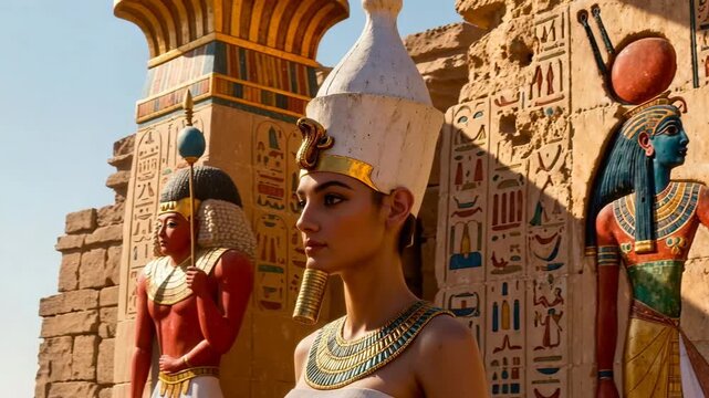 Cinematic close-up of Hatshepsut the Egyptian female pharaoh wearing ceremonial white crown, golden uraeus serpent and broad turquoise collar with painted gods Isis and Hathor behind her.