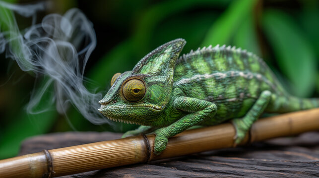 Veiled chameleon perched on a slender bamboo rod inside a bioactive terrarium, one eye rotating independently, dewlap slightly fanned, humidity mist rising from the substrate below