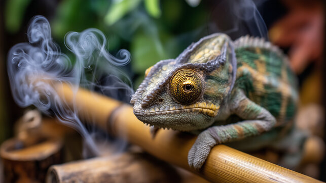 Veiled chameleon perched on a slender bamboo rod inside a bioactive terrarium, one eye rotating independently, dewlap slightly fanned, humidity mist rising from the substrate below