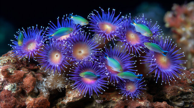 Sea anemone cluster on a volcanic rock shelf with neon-colored wrasse fish darting between the tentacles, dark water behind the reef wall, strong sidelight illuminating the organis