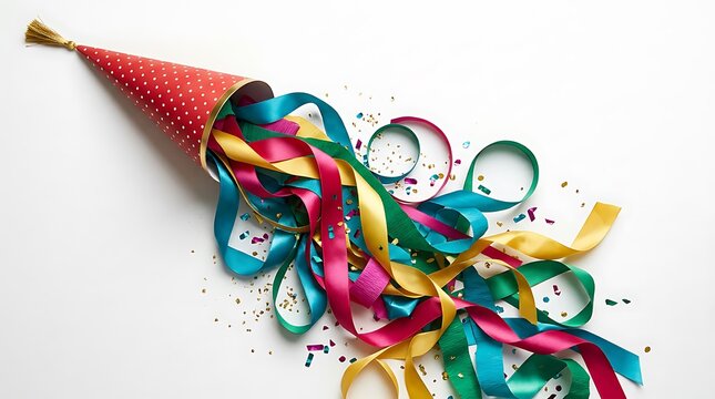 Colorful party streamers exploding from a red polka dot birthday hat with confetti scattered around