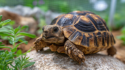 Obraz premium Sulcata tortoise climbing slowly over a textured stone in a specialized outdoor enclosure, garden herbs and low grass around it, dappled light from an overhanging mesh cover, ideal