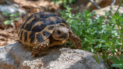 Obraz premium Sulcata tortoise climbing slowly over a textured stone in a specialized outdoor enclosure, garden herbs and low grass around it, dappled light from an overhanging mesh cover, ideal
