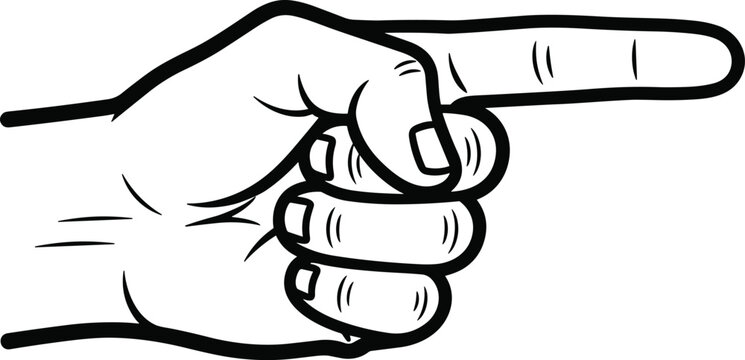 Human hand pointing right silhouette illustration, symbolizing direction, guidance, attention, navigation, communication gesture and simple cartoon line art design concept