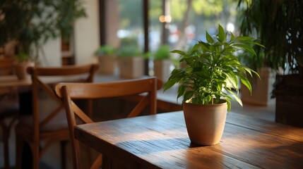 Fototapeta premium A potted green plant rests on a sunlit wooden table in a quiet rustic cafe setting