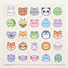 Obraz premium A collection of adorable pastel-colored kawaii animal and character faces designed in a simple and playful sticker style.