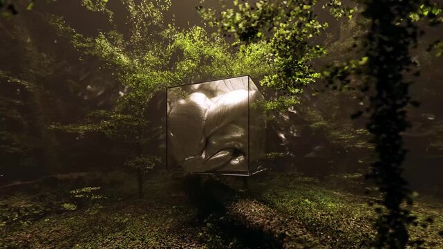 Misty forest glows softly around a floating glass cube loop