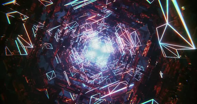 Neon tubes pulse through dark, angular tunnel space loop