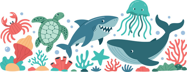 Set of flat vector marine animals cute ocean creatures including shark crab jellyfish turtle seahorse starfish coral illustration © RafatStock