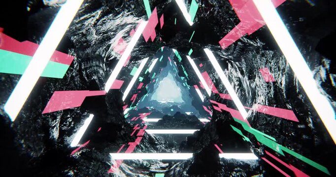 Dark tunnel glows with neon triangles loop